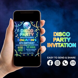 May include: A neon-colored digital invitation for a disco party celebrating Benjamin's 8th birthday. The invitation features a disco ball, music notes, and the text "Disco Party" in a colorful font. The invitation includes the date, time, location, and RSVP information.