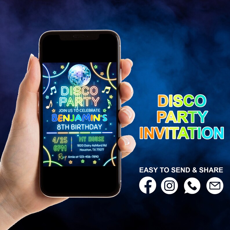May include: A neon-colored digital invitation for a disco party celebrating Benjamin's 8th birthday. The invitation features a disco ball, music notes, and the text "Disco Party" in a colorful font. The invitation includes the date, time, location, and RSVP information.