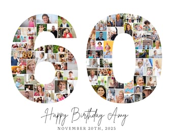 Modelo de colagem de fotos para 60º aniversário, colagem de números 60, colagem de 60º aniversário, presente personalizado para ela, aniversário de 60 anos, colagem de números, modelo Canva