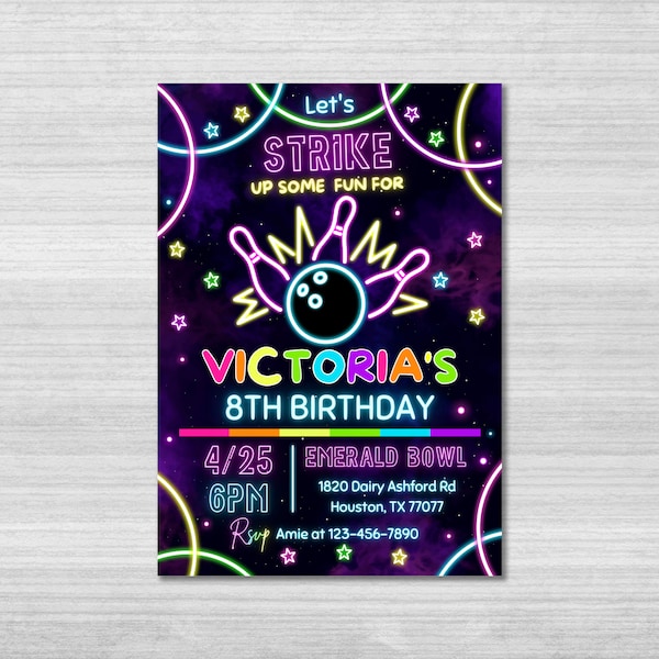 Bowling Party Invitation, Birthday Invitation, Girl Bowling Invite, Pins, Let's Strike Up Some Fun, Editable Evite Template, Editable Canva