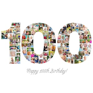 Plantilla de collage de fotos para el 100.º cumpleaños, collage del número 100, regalo personalizado para ella, collage de números, Canva