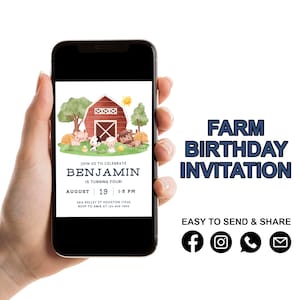 May include: A digital invitation for a farm-themed birthday party. The invitation features a cartoon barn with animals, a sun, and green grass. The text on the invitation reads "Join us to celebrate Benjamin is turning four! August 19 1-5 PM 5810 Kelley St Houston 77026 RSVP to Amie at 123-456-7890".