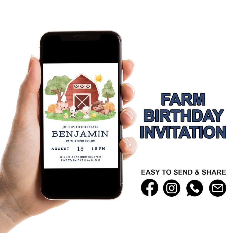 May include: A digital invitation for a farm-themed birthday party. The invitation features a cartoon barn with animals, a sun, and green grass. The text on the invitation reads "Join us to celebrate Benjamin is turning four! August 19 1-5 PM 5810 Kelley St Houston 77026 RSVP to Amie at 123-456-7890".