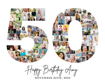 Plantilla de collage de fotos para 50 cumpleaños, collage del número 50, regalo personalizado para ella, collage de números, plantilla de Canva