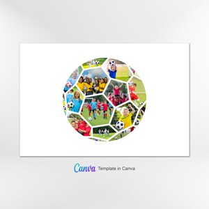 以下が含まれることがあります： サッカーボールの形をした写真のコラージュで、子供たちがサッカーをしている様子が写っています。写真は円形に配置されており、サッカーボールの形は白で縁取られています。