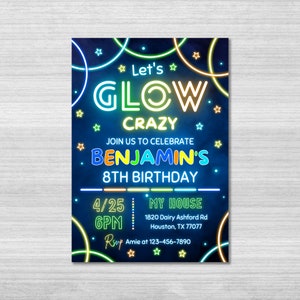 Glow Party Birthday Invitation, Glow Invitation, girl, boy, Neon Party Invite, Neon Lights, Glow Party Template, Editable Canva, Glow Evite