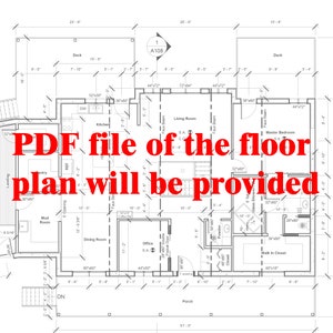 May include: A black and white blueprint floor plan of a house with labeled rooms, including a kitchen, living room, master bedroom, office, dining room, mud room, and a walk-in closet. The plan includes measurements in feet and inches.