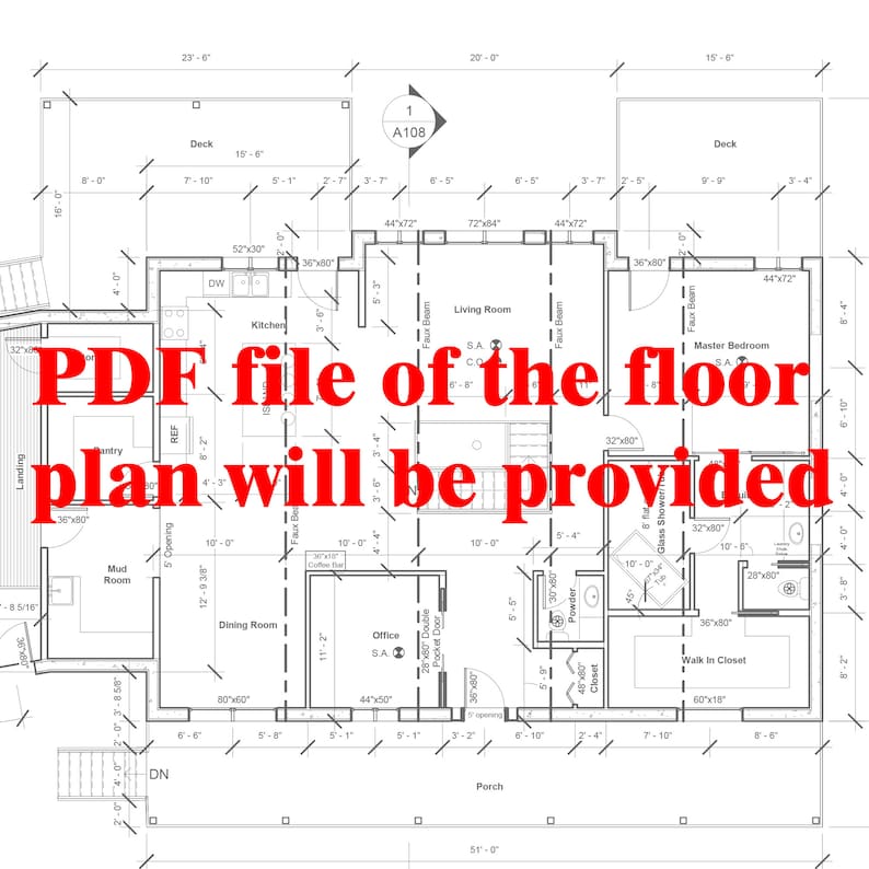 May include: A black and white blueprint floor plan of a house with labeled rooms, including a kitchen, living room, master bedroom, office, dining room, mud room, and a walk-in closet. The plan includes measurements in feet and inches.