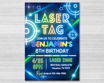 Laser Tag Geburtstagseinladung Vorlage, Laser Tag Einladung, Neon Glow, grün blau leuchten, Laser Tag einladen, Laser Tag Party, bearbeitbare Canva