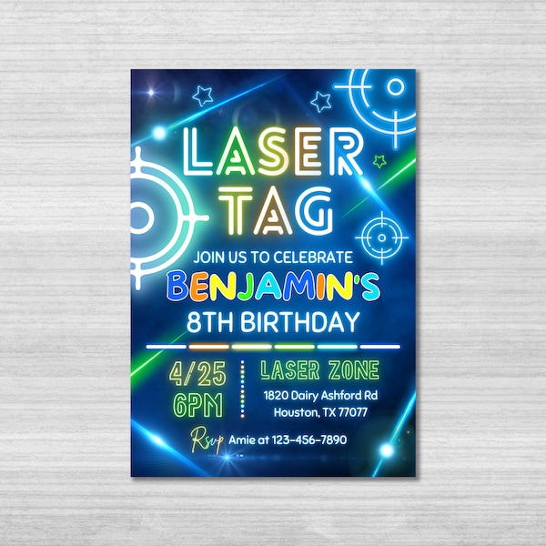Modèle d'invitation d'anniversaire laser tag, invitation laser tag, néon lumineux, lueur bleu-vert, invitation laser tag, fête laser tag, toile modifiable