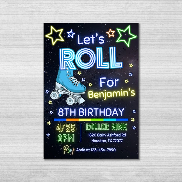 Skate Party Birthday Invitation, Party Invitation, kids, boy, Roller Skating, Retro Neon Lights, Editable Evite Template, Editable Canva