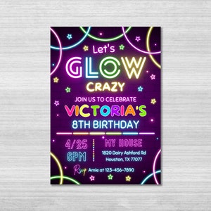 Invito di compleanno Glow Party, invito Glow, ragazza, ragazzo, invito al neon per la festa, luci al neon, modello Glow Party, Canva modificabile, Glow Evite
