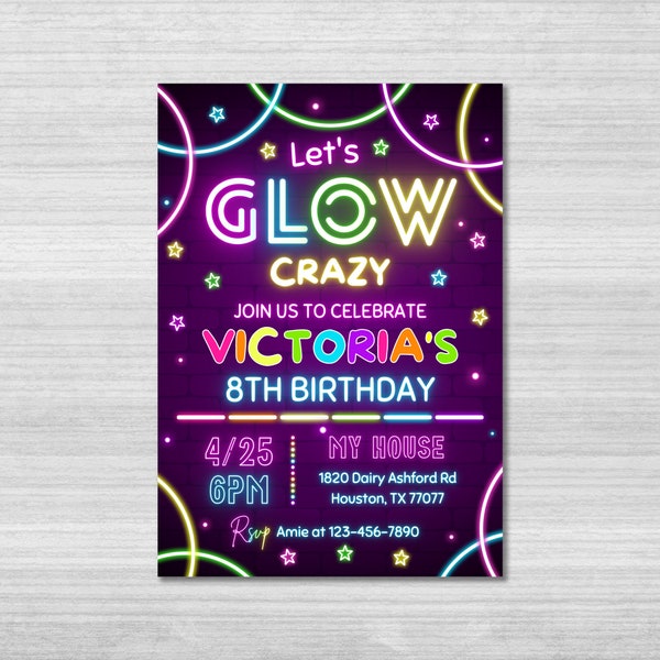Glow Party Birthday Invitation, Glow Invitation, girl, boy, Neon Party Invite, Neon Lights, Glow Party Template, Editable Canva, Glow Evite