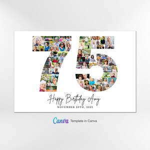 Plantilla de collage de fotos para el 75 cumpleaños, collage con el número 75, collage para el 75 cumpleaños, regalo personalizado para ella, 75 cumpleaños, collage de números, plantilla de Canva imagen 2