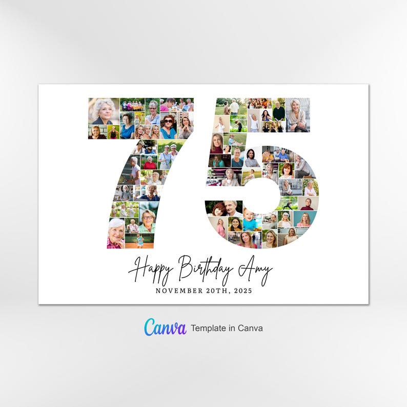 Plantilla de collage de fotos para el 75 cumpleaños, collage con el número 75, collage para el 75 cumpleaños, regalo personalizado para ella, 75 cumpleaños, collage de números, plantilla de Canva imagen 2