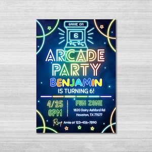 Arcade Birthday Invitation Template, Arcade Invitation, Neon Glow Invite, Arcade Party, Boys Gamer Party, Video Game Party, Editable Canva