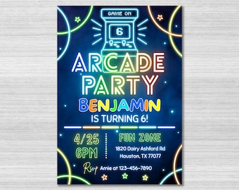 Arcade Birthday Invitation Template, Arcade Invitation, Neon Glow Invite, Arcade Party, Boys Gamer Party, Video Game Party, Editable Canva