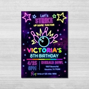 Invito per festa di bowling, invito di compleanno, invito per ragazze al bowling, spille, iniziamo a divertirci, modello di invito modificabile, Canva modificabile
