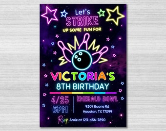 Bowling Party Invitation, Birthday Invitation, Girl Bowling Invite, Pins, Let&#39;s Strike Up Some Fun, Editable Evite Template, Editable Canva