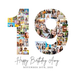 19歳の誕生日フォトコラージュテンプレート、数字19のコラージュ、19歳のコラージュ、彼女へのカスタムギフト、19歳の誕生日、数字コラージュ、Canvaテンプレート