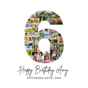 6歳の誕生日フォトコラージュテンプレート、数字6のコラージュ、6歳のコラージュ、彼女へのカスタムギフト、6歳の誕生日、数字コラージュ、Canvaテンプレート