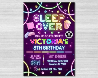 Sleepover Birthday Invitation Template, Neon Sleepover Invite, Slumber Party, Pajama Party, Neon Party Invite, Neon Lights, Glow Party