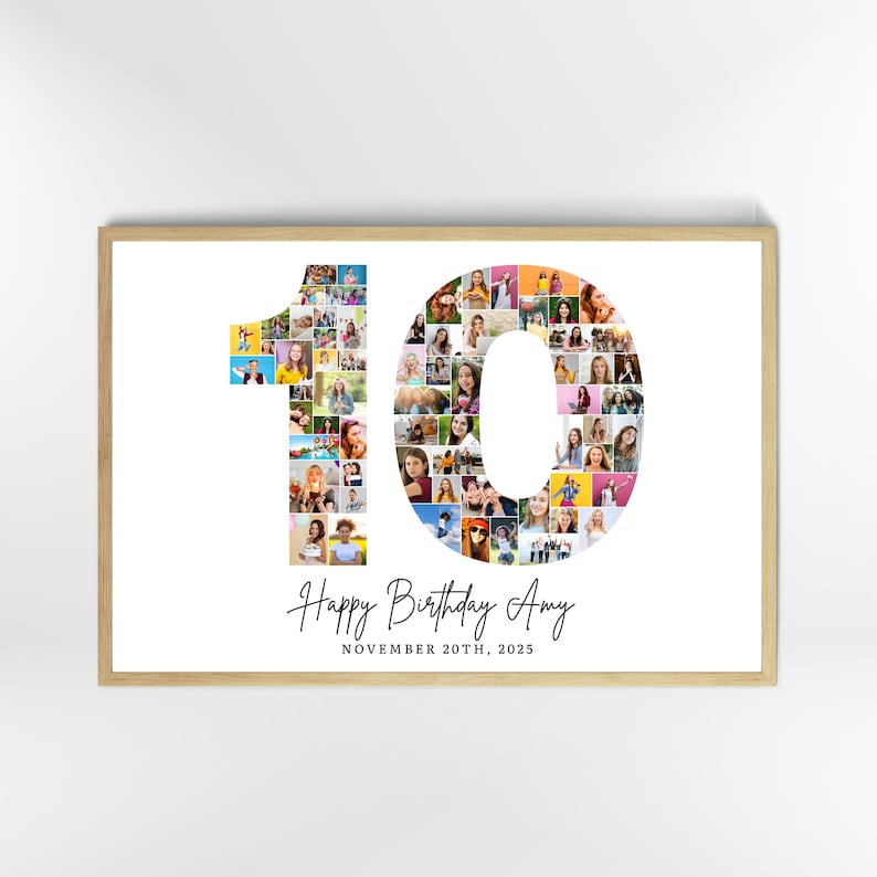 Sjabloon fotocollage 10e verjaardag, collage nummer 10, 10e collage, aangepast cadeau voor haar, 10e verjaardag, collage nummer, canvassjabloon afbeelding 3