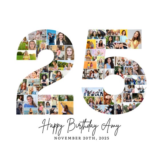 25th Birthday Photo Collage Template, Number 25 Collage, 25th Collage, Custom Gift for her, 25th Birthday, Number Collage, Canva Template