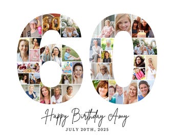 60 Geburtstag Foto Collage Vorlage, Nummer 60 Collage, 60 Geburtstag, Individuelles Geschenk für Sie, 60 Geburtstag, Nummer Collage, Canva Vorlage