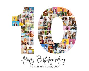 10th Birthday Photo Collage Template, Number 10 Collage, 10th Collage, Custom Gift for her, 10th Birthday, Number Collage, Canva Template