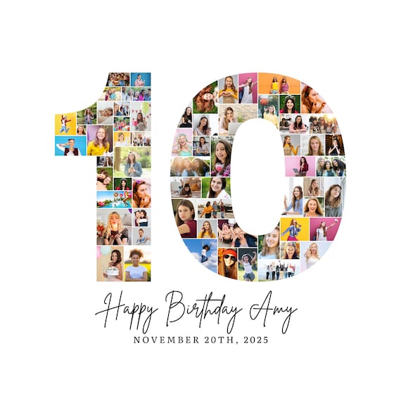 10th Birthday Photo Collage Template, Number 10 Collage, 10th Collage, Custom Gift for her, 10th Birthday, Number Collage, Canva Template