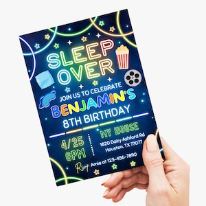 May include: Neon blue and green invitation for a sleepover party to celebrate Benjamin's 8th birthday. The invitation includes the date and time of the party, the address, and a request for RSVP.