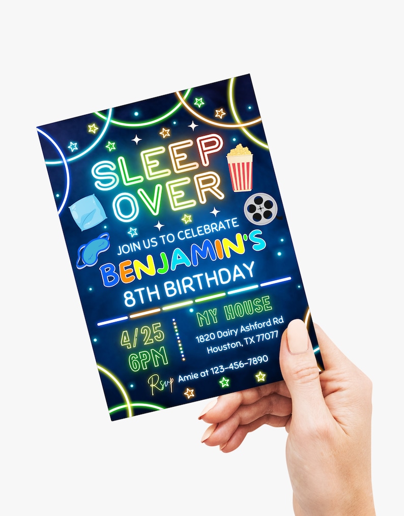 May include: Neon blue and green invitation for a sleepover party to celebrate Benjamin's 8th birthday. The invitation includes the date and time of the party, the address, and a request for RSVP.