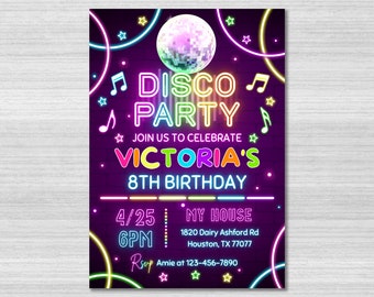 May include: Neon pink, blue, green, and yellow disco ball invitation for Victoria's 8th birthday party. The invitation includes the date, time, and location of the party. RSVP to Amie at 123-456-7890.