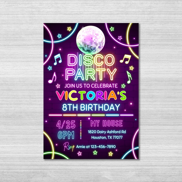 Disco Party Birthday Invitation Template, Disco Invitation, Dance Party,Glow Neon Party Invite, Neon Glow Disco, Glow Party Template, Canva