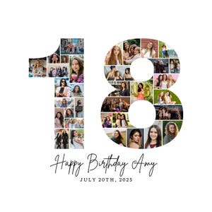 Modèle de collage photo 18e anniversaire, collage chiffre 18, collage 18e, cadeau personnalisé pour elle, 18e anniversaire, collage chiffre, modèle de toile