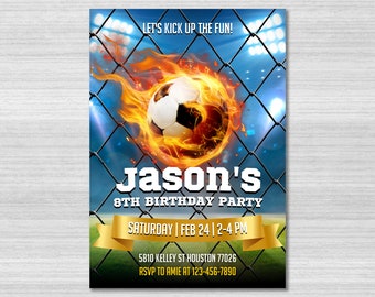 Mall för fotbollsfödelsedagsinbjudan, inbjudan till fotbollsfest, fotbollsmatch, fotbollsfödelsedagsinbjudan, barninbjudan, pojkfest, redigerbar canvas
