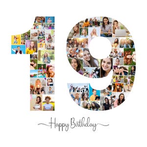 19e verjaardag fotocollagesjabloon, nummer 19 collage, 19e collage, aangepast cadeau voor haar, 19e verjaardag, nummercollage, canvassjabloon
