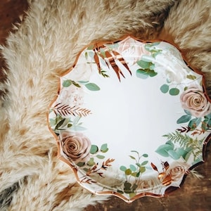 Vintage Rose Paper Plates, Floral Paper Plates, Rose Gold Paper Plates, Vintage Paper Plates, Watercolour Floral Tableware, Gold Watercolour