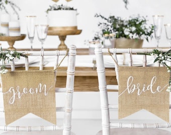 Bride and Groom chair sign - Hessian Bride and Groom chair sign - Hessian Bride & Groom Chair Signs - Bride and Groom Decorations