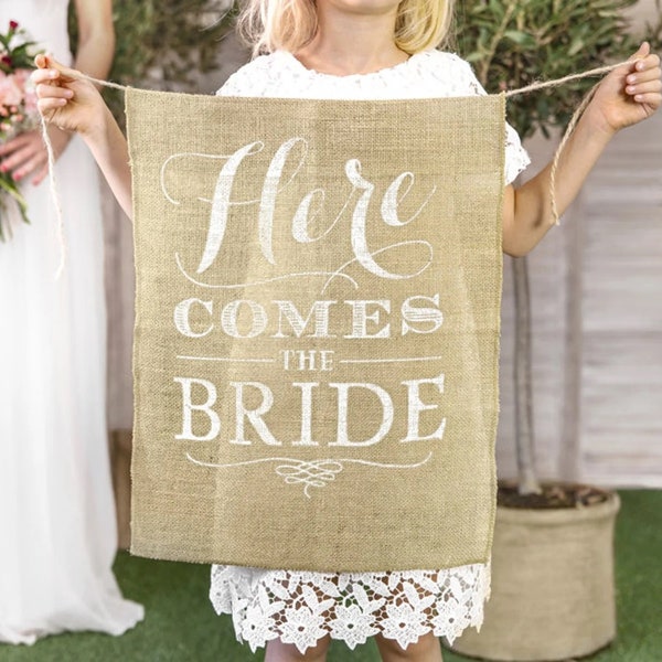 Here comes the bride sign - Wedding Aisle Sign - Burlap Here Comes the Bride Sign - Here comes the bride banner - Hessian Wedding Banner