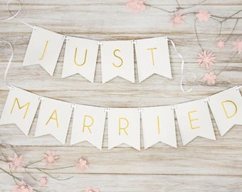 Lange Just Married Banner, Just Married Wimpelkette, Hochzeitsbanner, Top Tischdekoration, Wimpelkette, Weiß und Gold Hochzeitsdeko