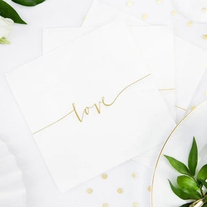 Eleganti tovaglioli bianchi con dettagli d'amore dorati, alta qualità, set da 20, tovaglioli di carta bianchi e dorati, tovaglioli nuziali, tovaglioli con cuore dorato