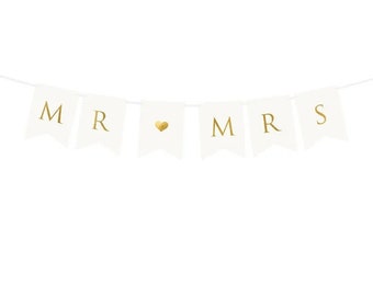 Long Mr and Mrs Banner, Mr and Mrs Bunting, Wedding Banner, Top Table Decorations, Bunting, White and Gold Wedding Decor, Mr & Mrs Banner