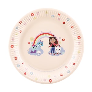 May include: A round, off-white plate with a scalloped edge, decorated with a colorful illustration of a girl, cats, and a rainbow. The plate has a repeating floral pattern around the rim.
