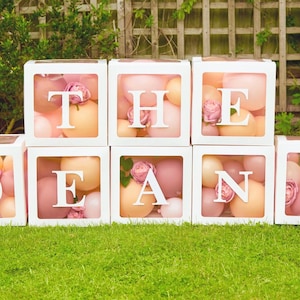 Op de afbeelding: Witte dozen met de letters "THE DEANS" in witte letters, gevuld met roze en perzik ballonnen en kleine roze bloemen. De dozen zijn gerangschikt op groen gras, met een houten hek en groen op de achtergrond.