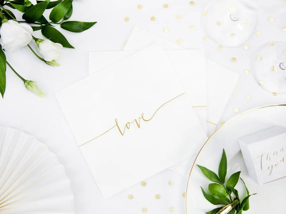 Elegant White Napkins With Gold Love Detail, High Quality, Set of 20, Gold and White Paper Napkins, Wedding Napkins, Napkins with Gold Heart