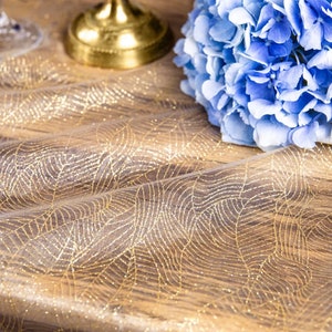Extra Long Table Runner with Delicate Gold Leave Print, 9m/30ft, Gold Organza Table Runner, Gold Table Runner, Tropical Theme Tableware