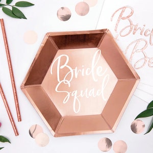 Piatti di carta Bride Squad - Piatti Squadra Sposa in oro rosa - Piatti di addio al nubilato - Piatti di addio al nubilato - Placcaggio di addio al nubilato in oro rosa - Piatti doccia nuziali