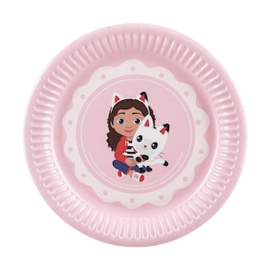 May include: A pink paper plate with a scalloped edge. The center features a cartoon illustration of a girl wearing cat ears and holding a white cat. The girl wears a red and white striped shirt, blue pants, and red shoes.